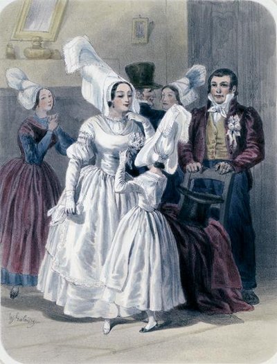 ナントとロワール下流地方の、初聖体前の花嫁と少女（カラーリトグラフ） 作： Francois Hippolyte Lalaisse