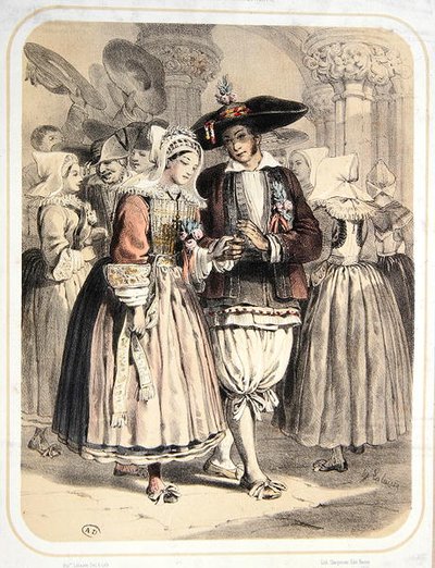 フランス・セーユ地方の新郎新婦 1850年頃（カラーリトグラフ） 作： Francois Hippolyte Lalaisse
