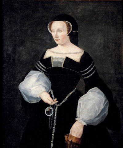 ヴァレンティノワ公爵夫人ブリーズ家のディアーヌ・ド・ポワチエ（1499-1566）の肖像 - 1531年に亡くなった夫ルイ・ド・ブリーズの喪服（未亡人の衣装）を着て、1550年頃に鏡を手にしている。 作： Francois (after) Clouet