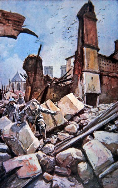 ヴェルダンの戦い。廃墟と化した城壁の中を進むフランス軍 作： Francois (after) Flameng