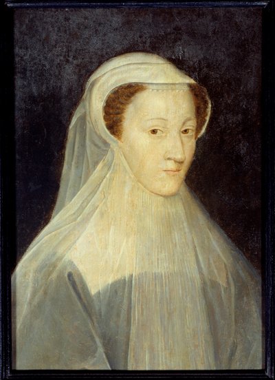 喪服を着たフランス王妃とスコットランド王妃マリー・スチュアート（1542-1587）の肖像。フランソワ・クルエ（1515-1572）の工房で描かれたもので、1560年頃。木に油彩。薄さ：0.37 x 0.26m。パリ、カルナヴァレ美術館 - メアリー・スチュアートの肖像 (1542-15 作： Francois (workshop of) Clouet
