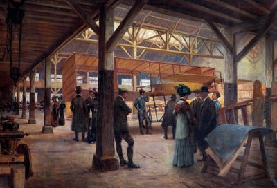 Workshop of the brothers Gabriel and Charles Voisin (1880-1973 and “1882-1912), pioneers of aviation, in 1908 at Boulogne Billancourt” (oil on canvas)   1449166   ja       japanese Successfully Translated  Original: Landscape At Auvers, Farm Entrance On Th 作： Francois Alaux
