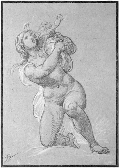 子供を抱くひざまずく裸の女性、1781年頃（紙に赤いクレヨンと白いチョーク） 作： François André Vincent