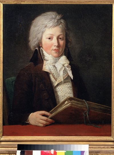 図面を含むフォルダーを保持している若い男の肖像画。 フランソワ アンドレ ヴァンサン (1746-1816) の絵画。 キャンバスに油彩、73 x 59 cm 作： François André Vincent