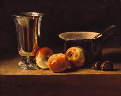 リンゴと銀のゴブレットのある静物画 作： François Bonvin