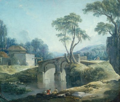 川に架かる橋のある樹木が茂った風景（キャンバスに油彩） 作： François Boucher