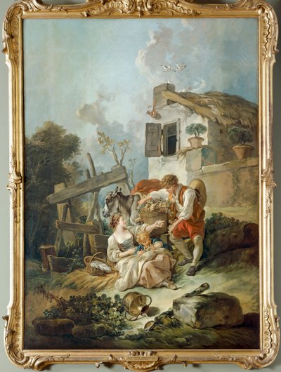 女の子にぶどうを差し出す男性 作： François Boucher