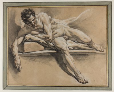 横たわる男性ヌードのアカデミックな習作 1750年頃 紙に黒、赤、白チョーク 作： François Boucher