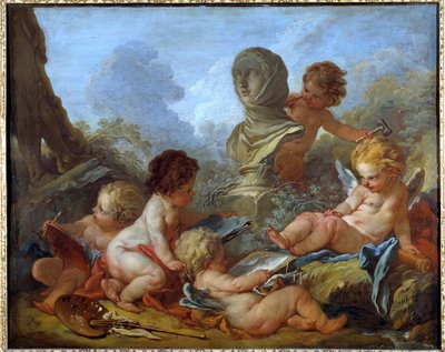 Allegorie des Arts さまざまな芸術（彫刻、絵画...）に関連付けられた5つの小さなアムール フランソワ・ブーシェ（1703-1770）の絵画 18世紀 トロワ、Musee des Beaux Arts - 芸術のアレゴリー。さまざまな芸術（彫刻、絵画...）に関連した5つの小さなキューピッド。 作： François Boucher