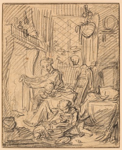 国内シーン: マントルピースの前に 2 人の小さな子供を持つ母親 作： François Boucher