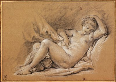 フランス、シノワズリー、ベッドの上の女性のヌード（デッサン） 作： François Boucher