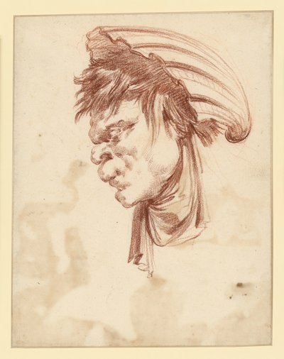 左向きの横顔をしたグロテスクな頭部。頭には貝殻をかぶっている。 作： François Boucher
