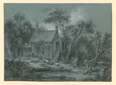 木々の間に階段のある家、その前に釣り人がいる 作： François Boucher