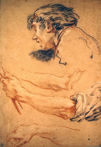 羊飼いの少年の頭部とその手と腕の研究（紙に黒、赤、白のチョーク） 作： François Boucher