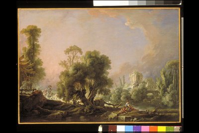 女性釣りの牧歌的な風景 (キャンバスに油彩) 作： François Boucher