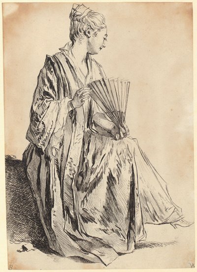 扇子で遊んでいる、座っている若い女性 作： François Boucher