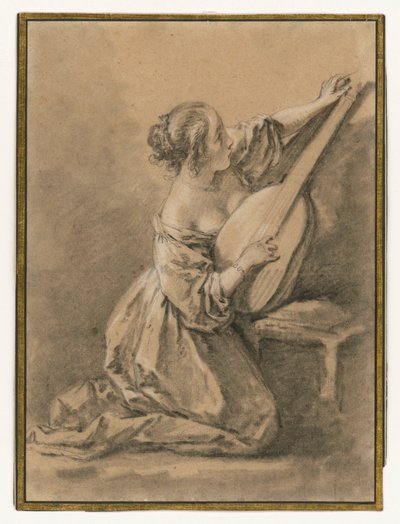 リュートを調弦している、ひざまずいた若い女性 作： François Boucher
