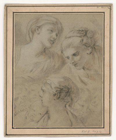 さまざまな感情を例示的に表現した頭部のデッサン 作： François Boucher