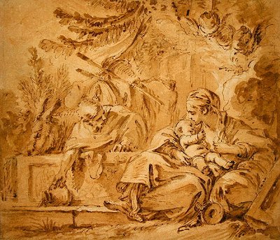 エジプトへのフライトでの休息（紙にペンと茶インク、ピンクと茶色のウォッシュを使用） 作： François Boucher