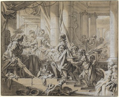 公爵の家来たちから逃げるサンチョ 作： François Boucher