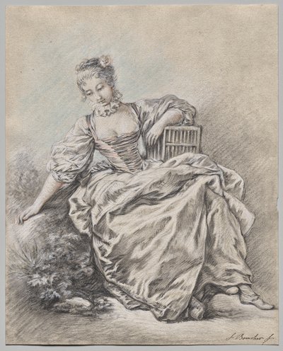 鳥かごを抱えた座っている女性 作： François Boucher