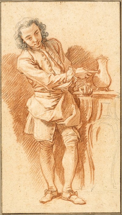 コーヒーポットを持つ従者の習作 1739年頃（赤チョーク、黒チョーク、黒鉛のタッチ、白チョークで彩色、バフ・レイド紙） 作： François Boucher