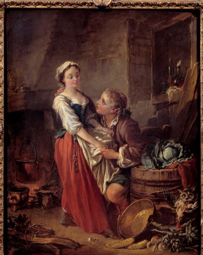 厨房での美しい料理人シーンガランテ。フランソワ・ブーシェ（1703-1770）による絵画。1738年 パリコニャック博物館 ジェイ 作： François Boucher