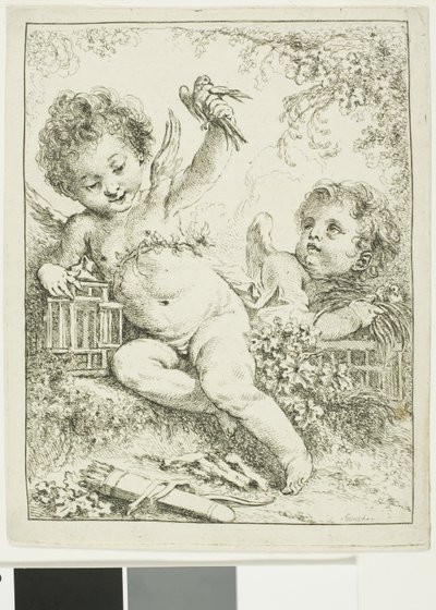 鳥と2匹のプッティ 作： François Boucher