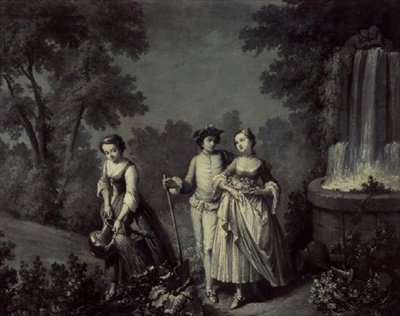 噴水の近くでガーデニングをする 2 人の少女と若者 (ペンとウォッシュの間) 作： François Boucher