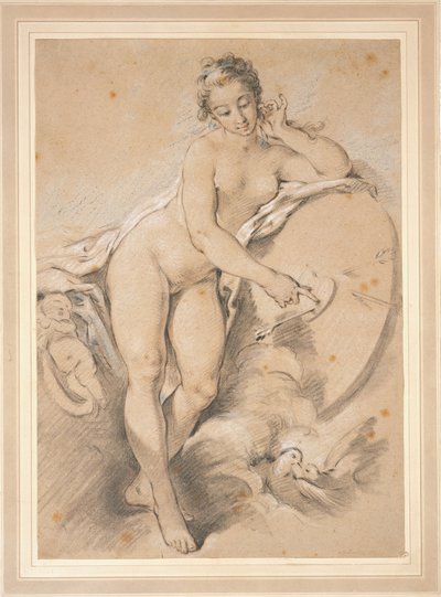 2羽の鳩が描かれた的の上のハートを指さす、立ち姿のヴィーナス 作： François Boucher