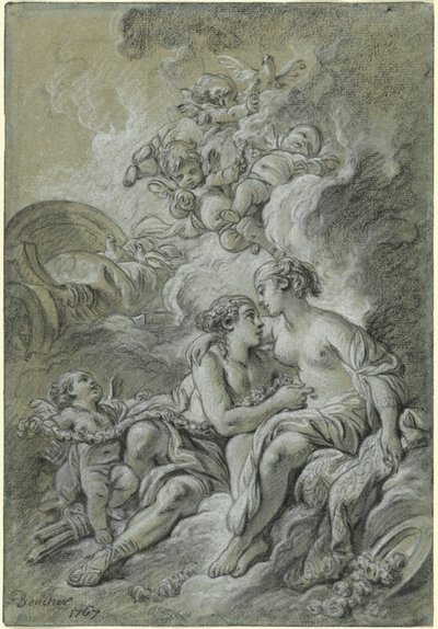 ヴィーナスは、愛するアドニスに寄りかかって…… 作： François Boucher