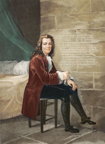 1728年にラアンリエードを書いたバスティーユに監禁されたヴォルテール 作： Francois Bouchot