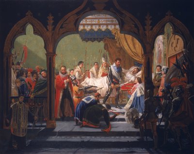 アンリ4世（1553-1610）瀕死のアンリ3世から君主制の属性を受け取る（1551-1589）1814 作： Francois Buffet