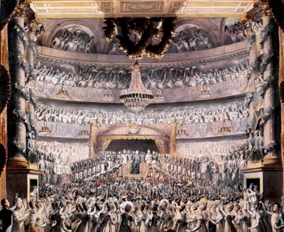 ルイ18世（1755-1824）は、1819年にパリの国民衛兵が開いたパーティーでオデオン座に出席しています。36x44 cm Versailles, musee du chateau 作： Francois Buffet