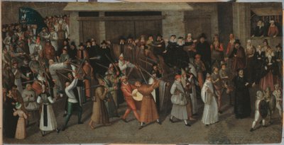 ノートルダム寺院を出発するシテ島のリーグ行列、1590年頃（銅に油彩） 作： Francois Bunel