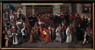 カトリックとプロテスタントの宗教戦争。「1593年のノートルダム寺院の終わりに行われた連盟の行列」。フランソワ2世ブネル（1522-1599）の絵画 作： Francois Bunel