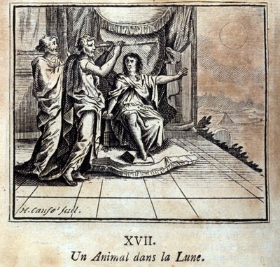 月の中の動物。ジャン・ド・ラ・フォンテーヌ（1621-95）の寓話。挿絵はフランソワ・ショーボー（1613-1676）。1728年の版。 作： Francois Chauveau