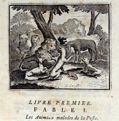 疫病にかかった動物たち。ジャン・ド・ラ・フォンテーヌ（1621-95）の寓話。挿絵はフランソワ・ショーボー（1613-1676）。1728年の版。 作： Francois Chauveau