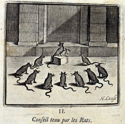 ネズミが持つボード。ジャン・ド・ラ・フォンテーヌ（1621-95）の寓話。挿絵はフランソワ・ショーボー（1613-1676）。1728年の版。 作： Francois Chauveau