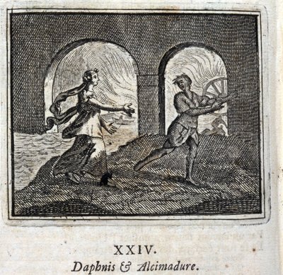 ダフニスとアルキマデュラジャン・ド・ラ・フォンテーヌ(1621-95)の寓話。挿絵はフランソワ・ショーボー（1613-1676）。1728年の版。 作： Francois Chauveau