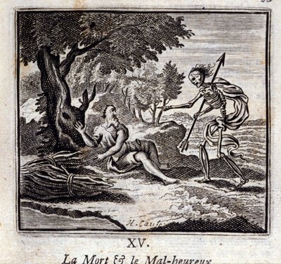 死と不幸。ジャン・ド・ラ・フォンテーヌ（1621-95）の寓話。挿絵はフランソワ・ショーボー（1613-1676）。1728年の版。 作： Francois Chauveau
