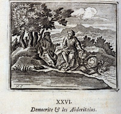 デモクリットとアブデリタンたち。ジャン・ド・ラ・フォンテーヌ（1621-95）の寓話。挿絵はフランソワ・ショーボー（1613-1676）。1728年の版。 作： Francois Chauveau