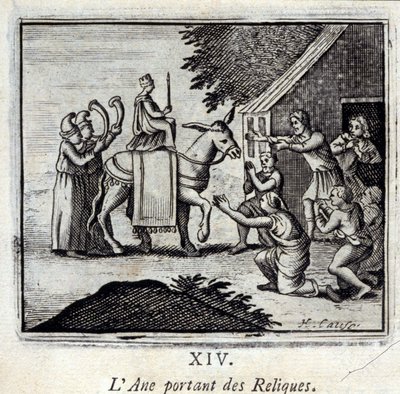 聖遺物を運ぶロバ。ジャン・ド・ラ・フォンテーヌ（1621-95）の寓話。挿絵はフランソワ・ショーボー（1613-1676）。1728年の版。 作： Francois Chauveau