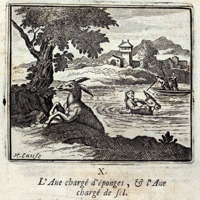 ロバはスポンジを積んで、ロバは塩を積んで。ジャン・ド・ラ・フォンテーヌ（1621-95）の寓話。挿絵はフランソワ・ショーボー（1613-1676）。1728年の版。 作： Francois Chauveau