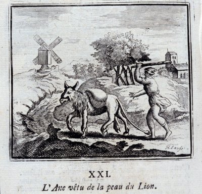 ライオンの皮をかぶったロバ。ジャン・ド・ラ・フォンテーヌ（1621-95）の寓話。挿絵はフランソワ・ショーボー（1613-1676）。1728年の版。 作： Francois Chauveau