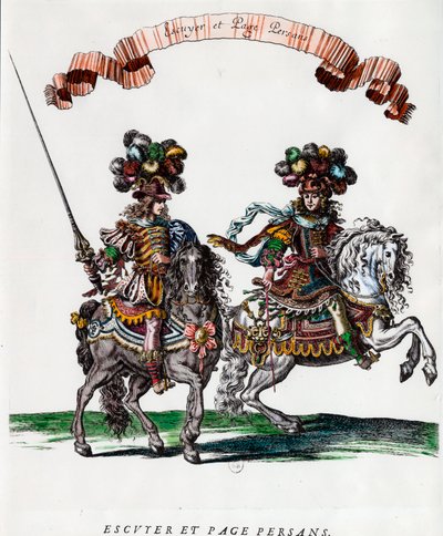 ルイ14世（1639-1715）から贈られたカルーセル（回転木馬）の中のエキュイエとペルシャ人のページ 1662年頃のフランソワ・ショーボー（1613-1676）によるエングレーヴィング 個人蔵 作： Francois Chauveau