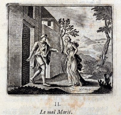 悪は結婚する。ジャン・ド・ラ・フォンテーヌ（1621-95）の寓話。挿絵はフランソワ・ショーボー（1613-1676）。1728年の版。 作： Francois Chauveau