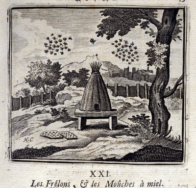 ホーネットとミツバチ。ジャン・ド・ラ・フォンテーヌ（1621-95）の寓話。挿絵はフランソワ・ショーボー（1613-1676）。1728年の版。 作： Francois Chauveau