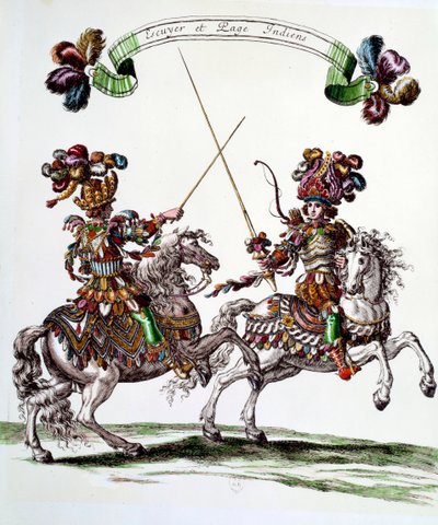 1662年にルイ14世（1638-1715）が王太子の誕生を祝うためにチュイルリーに贈ったカルーセル（回転木馬）の中のインディアン・エキュイエとページ。フランソワ・ショーボー（1613-1676）によるエングレーヴィング 17世紀 個人蔵 作： Francois Chauveau