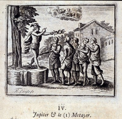 ジュピターとメティエールジャン・ド・ラ・フォンテーヌ（1621-95）の寓話。挿絵はフランソワ・ショーボー（1613-1676）。1728年の版。 作： Francois Chauveau